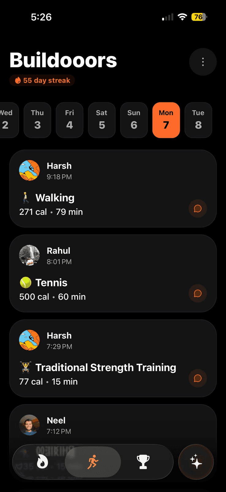 Buildooors room feed showing synced workout activity