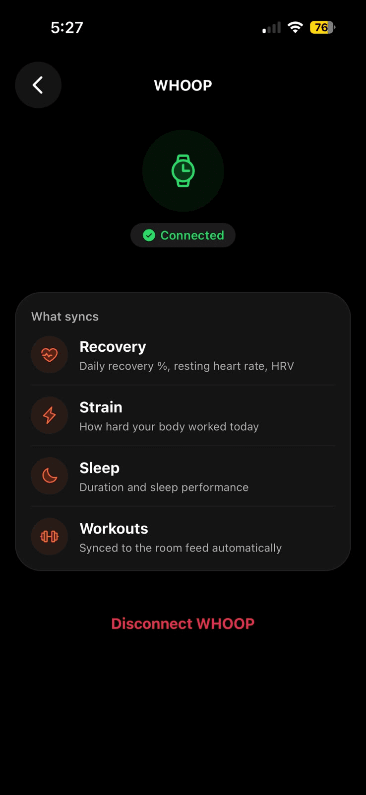 WHOOP connected settings screen