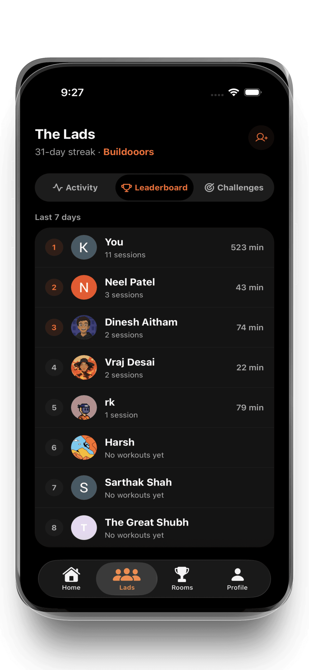 Lads room screen showing friends and room activity