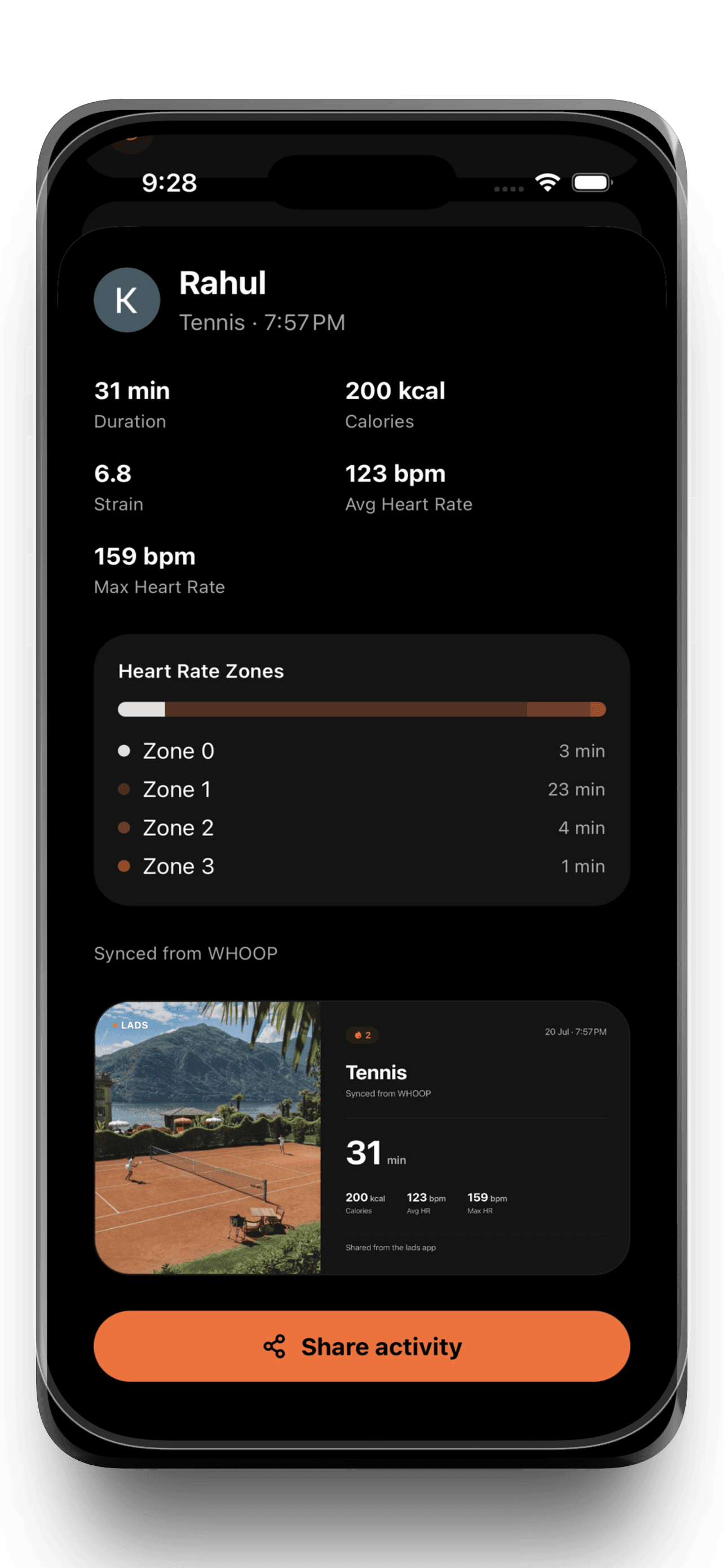 Lads activity share screen with generated workout card