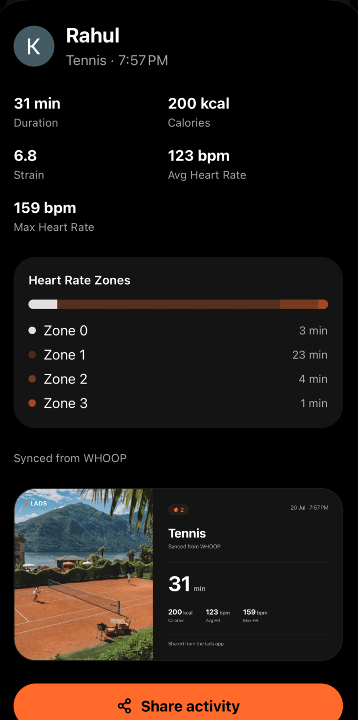 Activity detail screen with a generated shareable workout card and Share activity button