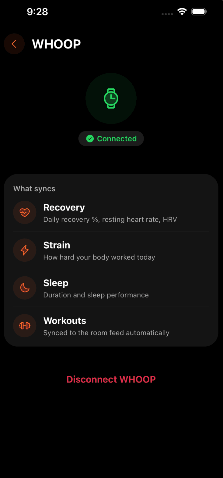 WHOOP connection settings showing recovery, strain, sleep, and workouts syncing